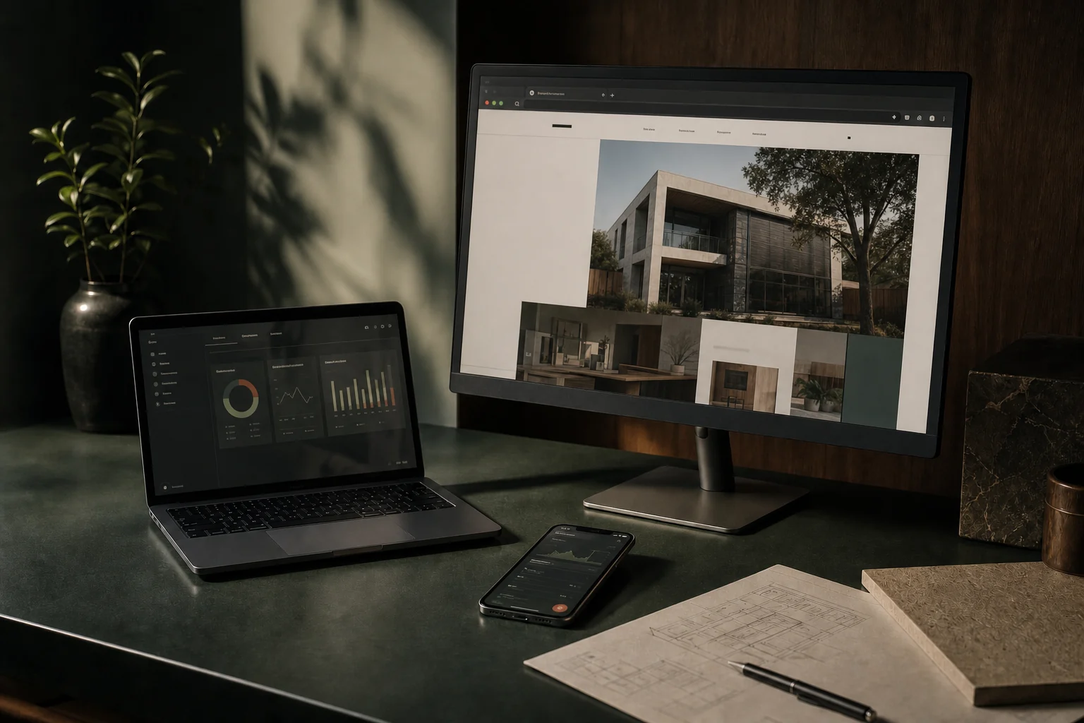 A coordinated website, mobile app and desktop tool displayed together in a design studio